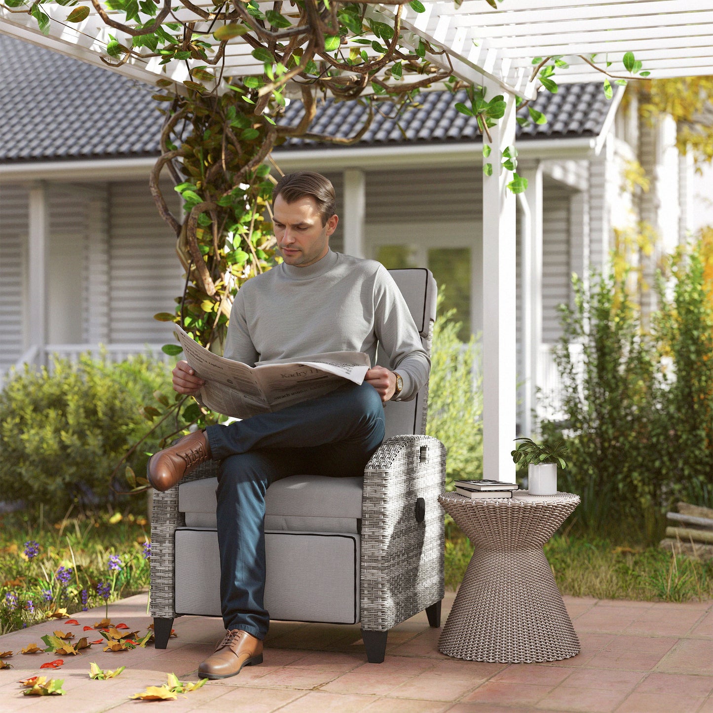 Outdoor Recliner Lounge Chair with Cushions & Adjustable Footrest – Gray