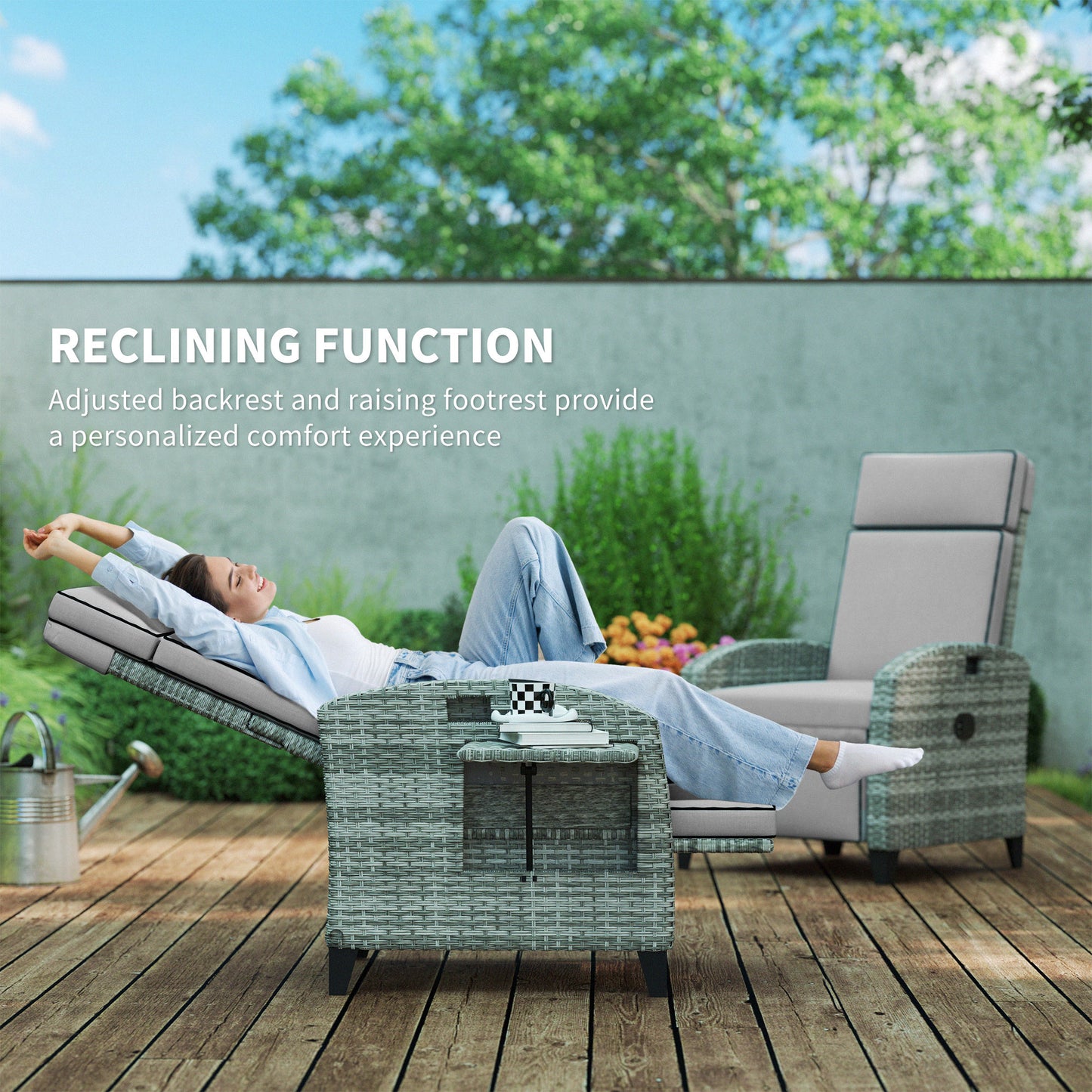 Outdoor Recliner Lounge Chair with Cushions & Adjustable Footrest – Gray